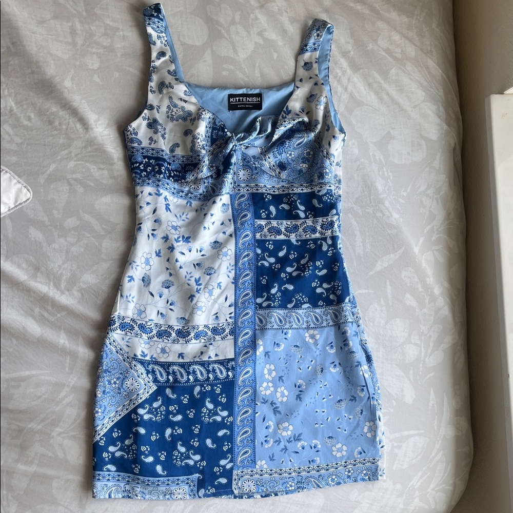 Kittenish Blue and White Patchwork Silk Mini Dress
